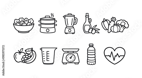 Healthy cooking icons set for diet and nutrition planning