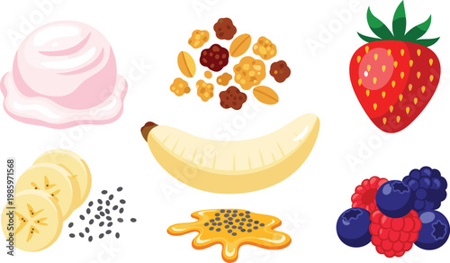 Fresh Fruit and Smoothie Ingredient Icon Set with Yogurt, Granola, Strawberry, Banana, Chia Seeds, Papaya, and Mixed Berry Elements for Nutrition, Diet, and Healthy Food Designs