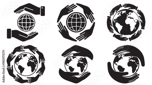 Set of black and white vector icons depicting hands protecting and embracing the Earth, symbolizing global unity, environmental care, and planet preservation.