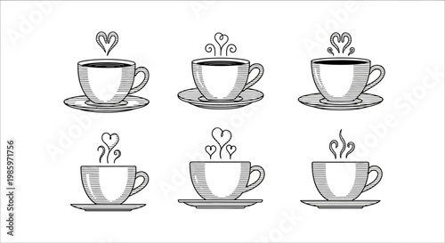 Set of six black and white line art illustrations of steaming coffee cups on saucers with heart shaped vapor details for cozy drink visuals