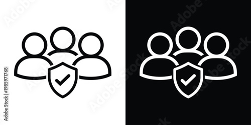 Group of people icons with a central security shield and checkmark. Represents human resources security, insurance, team protection, verified users, and safe social communities.