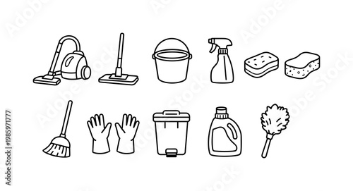 Collection of simple line art icons representing various home cleaning supplies