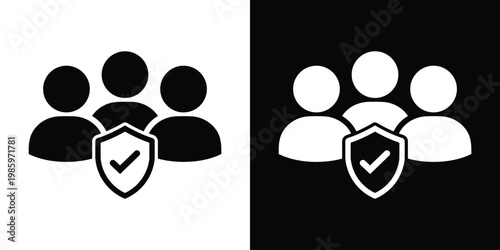 Group of people icons with a central security shield and checkmark. Represents human resources security, insurance, team protection, verified users, and safe social communities.