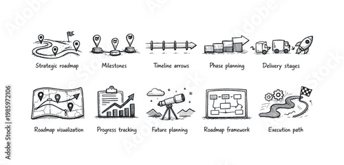 Collection of hand-drawn business strategy and planning icons on a black background