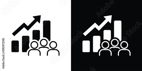 Bar graph showing upward growth trends alongside a group of people. Perfect for HR metrics, talent development, population statistics, and business performance analytics.