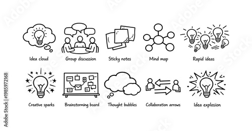 Collection of hand-drawn icons representing business ideas and collaboration concepts