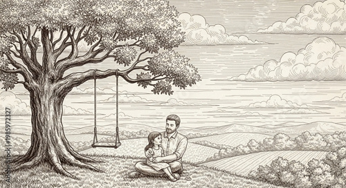 Father Reading Book To Child On Lap Under Tree.