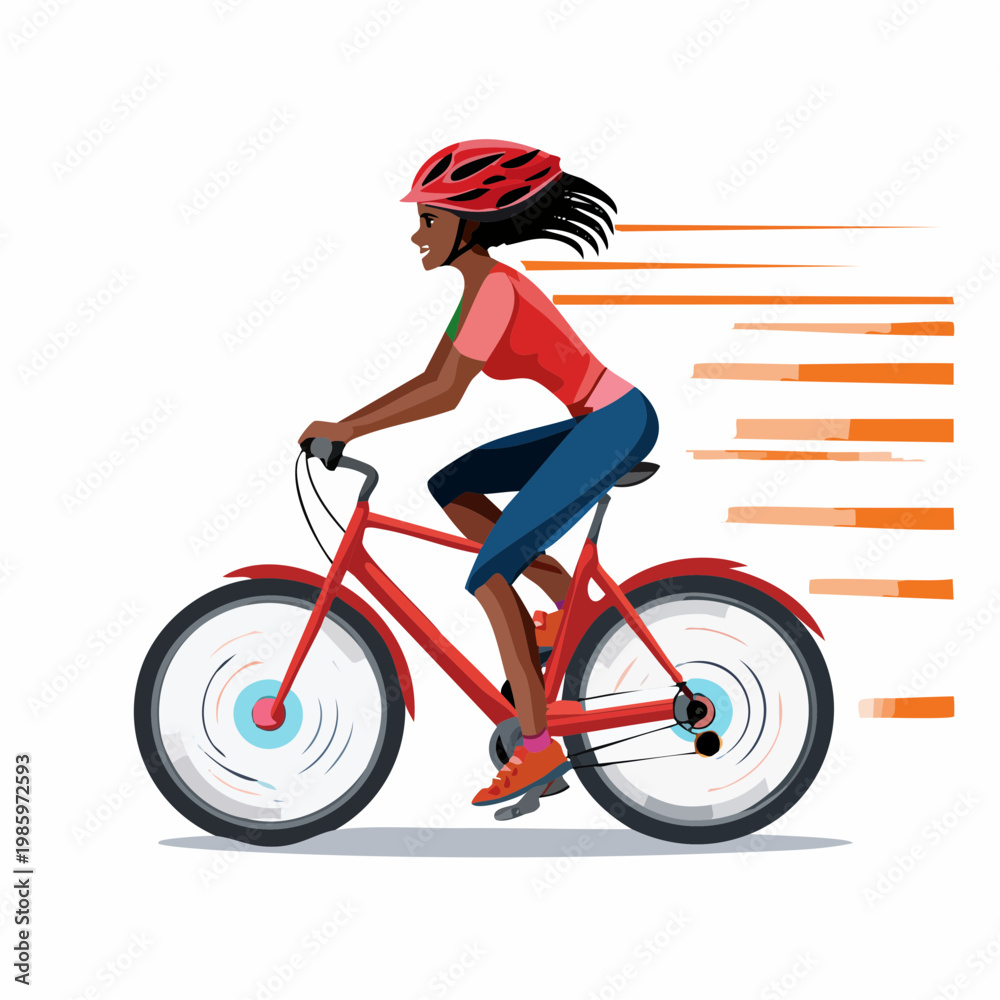 Fototapeta premium Woman with Protective Gear Riding a Bicycle at Speed with Motion Blur Effect