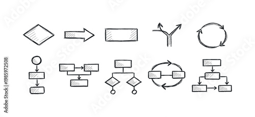Collection of hand-drawn flowchart symbols and diagrams for process visualization