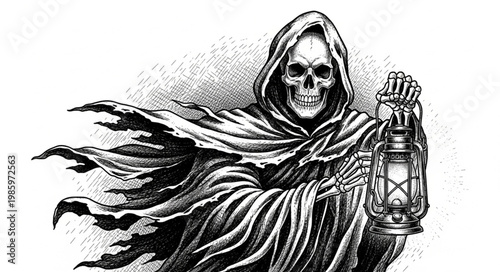 Grim Reaper Skeleton Holding Lantern Cloaked Hooded Figure.