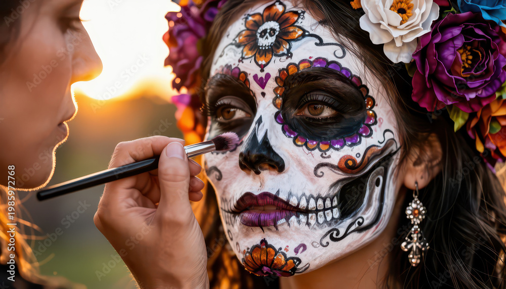 Fototapeta premium A woman is applying makeup to another woman's face, creating intricate sugar skull designs. The painted woman exhibits vivid colors and floral decorations in her hair.