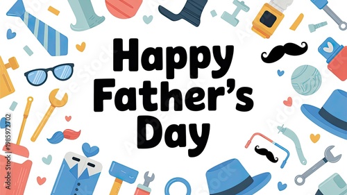 Happy Fathers Day Background with Colorful Men's Accessories Pattern Tie Mustache Hat Celebration Greeting Design