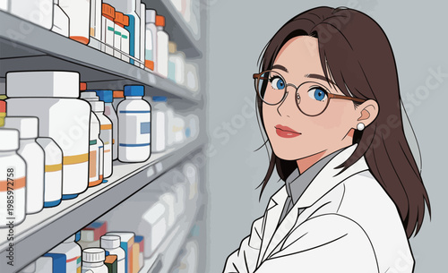 Female Pharmacist Working in Pharmacy Shelf