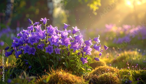 A serene landscape with purple flowers on a sunny hillside