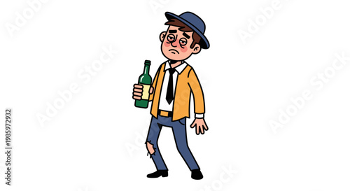 Drunk Man Holding Alcohol Bottle Vector Illustration, Cartoon Character Design for Social Issues and Addiction Awareness Concepts