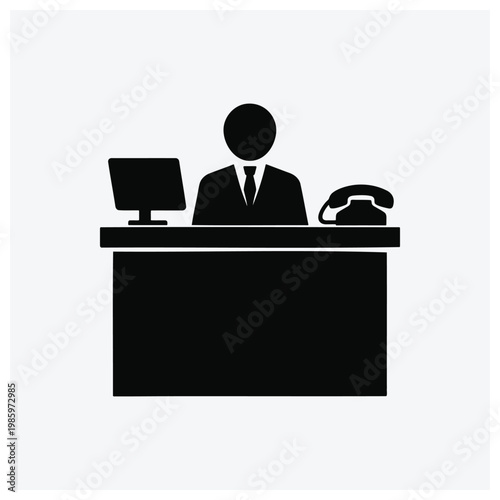 A silhouette icon of a person seated behind a desk with a monitor and phone, representing a receptionist or customer service agent.