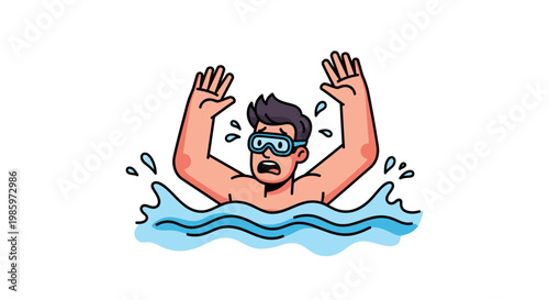 Drowning Man Panic Expression Vector Illustration, Person Struggling In Water With Goggles, Cartoon Style Graphic For Safety Awareness And Swimming Emergency Concept