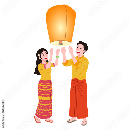 Vector illustrations of people during the Myanmar Lighting Festival, decorative elements.