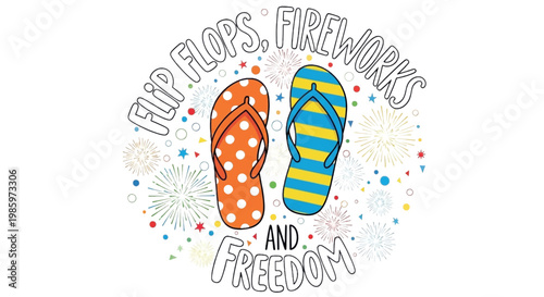 Summer flip flops, beach vacation icons, freedom symbols, colorful fireworks