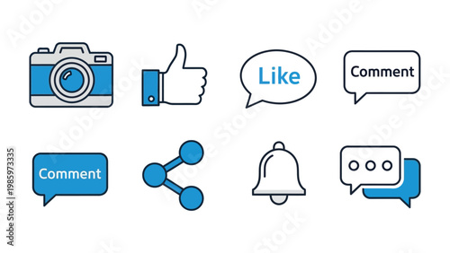 Social media icons in blue: A collection of streamlined icons representing essential tools for online engagement, social interaction and visual storytelling. These icons are in light blue color.