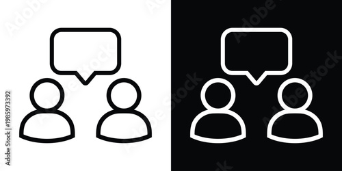 Minimalist icon featuring two human silhouettes with a shared speech bubble. Ideal for symbolizing dialogue, customer support, feedback, consultation, and collaborative communication concepts.