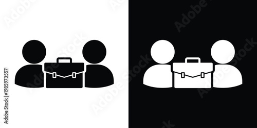 Silhouette icon of two professionals separated by a briefcase. Perfect for representing corporate business deals, employment, job interviews, hiring, and formal partnership agreements.
