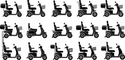 Electric mobility scooter silhouettes set with baskets and seats, personal transport device, elderly assistance, urban travel, accessibility vehicle, vector illustration