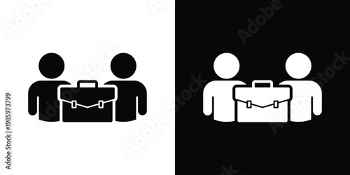 Silhouette icon of two professionals separated by a briefcase. Perfect for representing corporate business deals, employment, job interviews, hiring, and formal partnership agreements.
