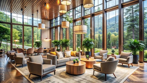 Lobby Lounge Area with Large Windows Overlooking a Forest stock natura
