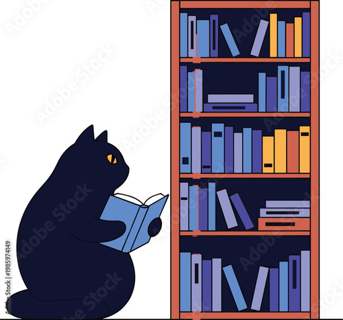 Cute black cat reading a book sitting in front of a tall wooden bookshelf filled with colorful books for library and education concepts