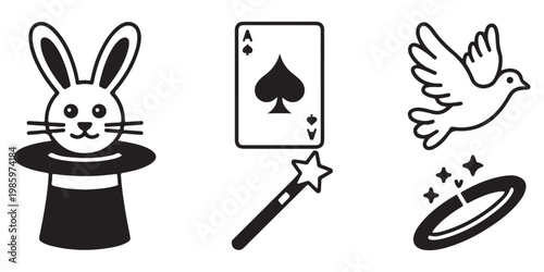 Magic Show Performance Icons Set with Rabbit in Top Hat Wand and Playing Cards