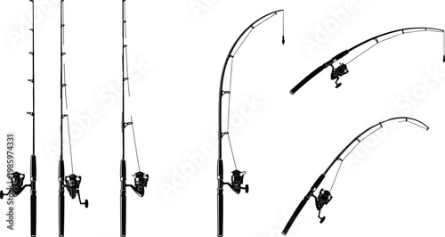 Fishing rod silhouettes with spinning reels and bending action, angling equipment, sport fishing gear, casting line motion, vector illustration set