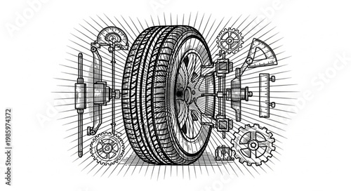 Detailed Mechanical Car Wheel Tire Assembly Illustration.