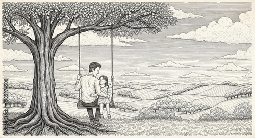 Couple Sitting Together On Tree Swing Embracing.