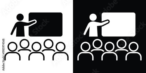 Vector icon of a presenter at a board with a small audience. Symbols of education, corporate training, seminars, and workshops. Features clean silhouettes for teaching and learning contexts.