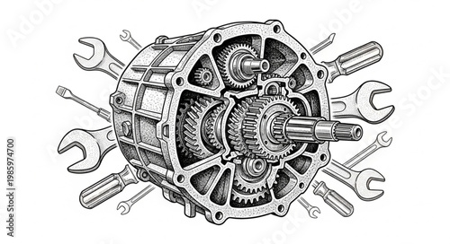 Disassembled mechanical gearbox with exposed gears and wrenches.