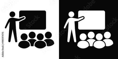 Vector icon of a presenter at a board with a small audience. Symbols of education, corporate training, seminars, and workshops. Features clean silhouettes for teaching and learning contexts.