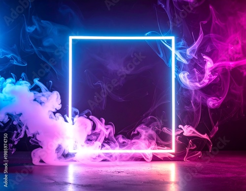 Glowing Neon Frame Surrounded by Colorful Smoke