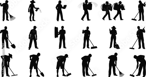 Gardener worker silhouettes cleaning yard, spraying plants, sweeping leaves, landscaping maintenance, outdoor service activity, tools equipment, vector illustration set