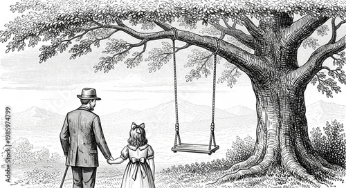 Elderly Man Holding Grandchilds Hand Walking Together.