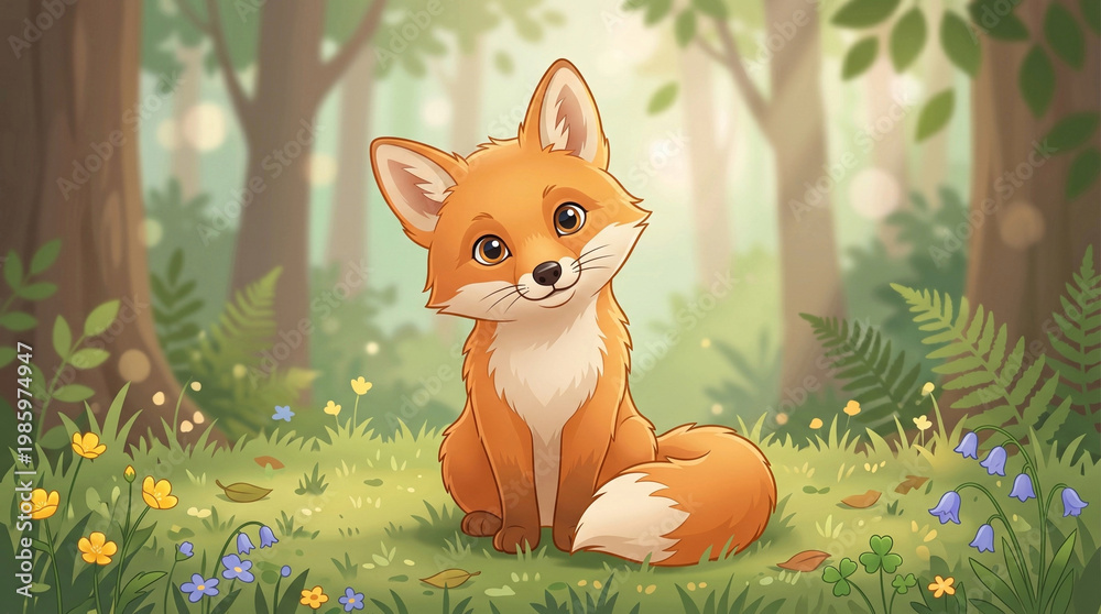 Obraz premium Cute Fox Cub Sitting in Forest Clearing Storybook Style Vector Illustration