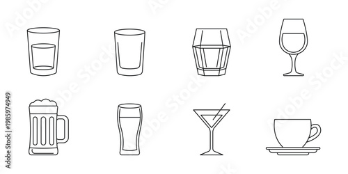 Glassware and drinkware vector line art icons set, including wine, beer, cocktail, water glasses and coffee cup for menu and kitchen design