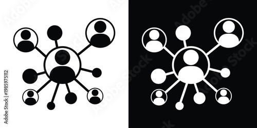 Professional flat icon of a central person connected to a network of diverse individuals. Represents global networking, social media structures, and community management in a clean design.