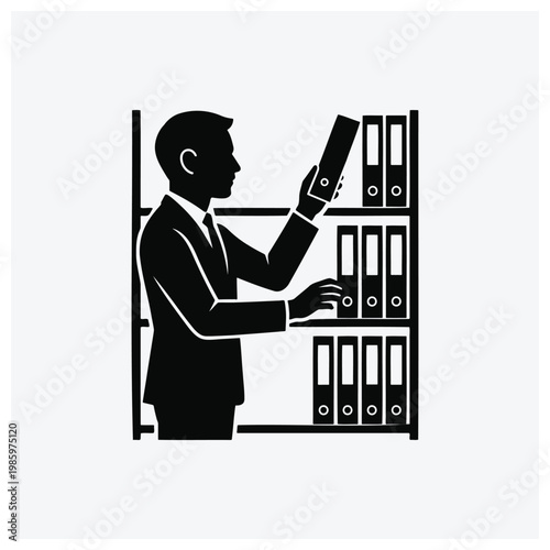Minimalist silhouette of a man retrieving files from a vertical archive cabinet