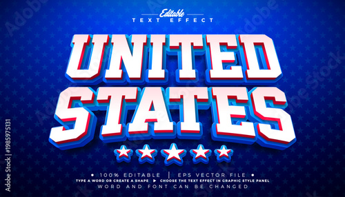 America Text Effect Design Editable Vector Graphic Style with United States of America 3d Typography on Blue Star Texture Background. Independence Day or Memorial Day Customizable Illustration
