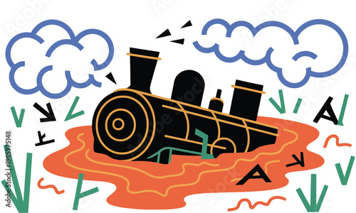 A cartoon train engine crashing in a puddle with letters and arrows around isolated on white background