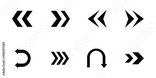 Foto Black arrow icons set, vector double chevrons and u turn symbols for navigation