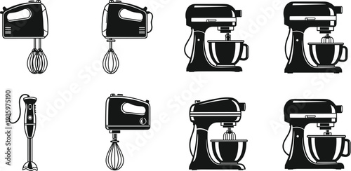 Kitchen appliance mixer set illustration featuring hand mixers stand mixers and blenders for cooking baking tools and modern household equipment