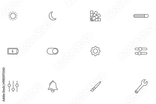 User interface and settings vector line art icons set, including brightness, dark mode, gear, battery, and configuration tools for mobile app and web design