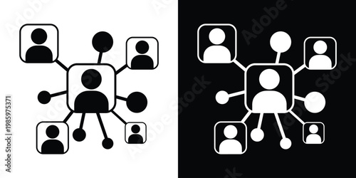 Professional flat icon of a central person connected to a network of diverse individuals. Represents global networking, social media structures, and community management in a clean design.